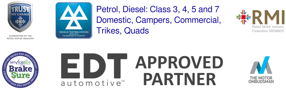 Logos for MOT Vehicle testing station, petrol, diesel, class 3, 4, 5 and 7, domestic, campers, commercial, trikes, quads. Trust my Garage. RMI member. ServiceSure. BrakeSure.EDT automotive approved partne. The motor ombudsman.