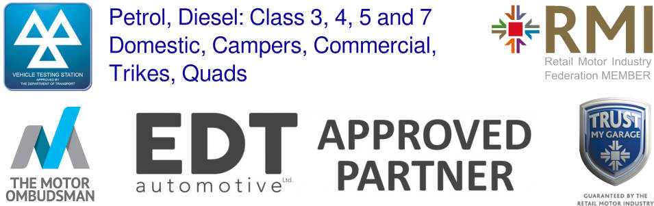 Logos for MOT Vehicle testing station, petrol, diesel, class 3, 4, 5 and 7, domestic, campers, commercial, trikes, quads. Trust my Garage. RMI member. EDT automotive approved partner. The motor ombudsman showing Egerton Garage's accreditations