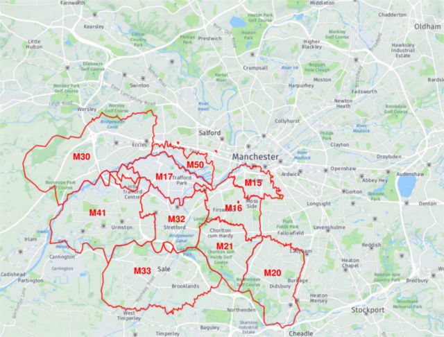 Map of areas we cover with postcode areas outlined M15, M16, M17, M20, M21, M30, M32, M33, M41, M50