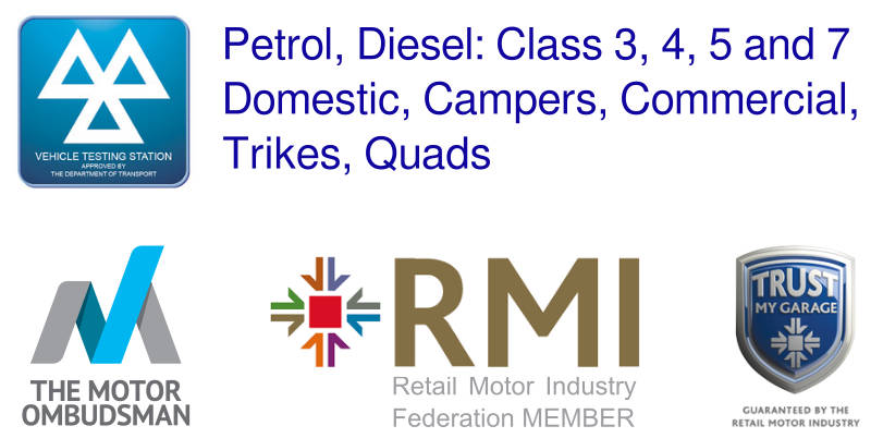 Logos for MOT Vehicle testing station, petrol, diesel, class 3, 4, 5 and 7, domestic, campers, commercial, trikes, quads. Trust my Garage. RMI member. The motor ombudsman showing Egerton Garage's accreditations